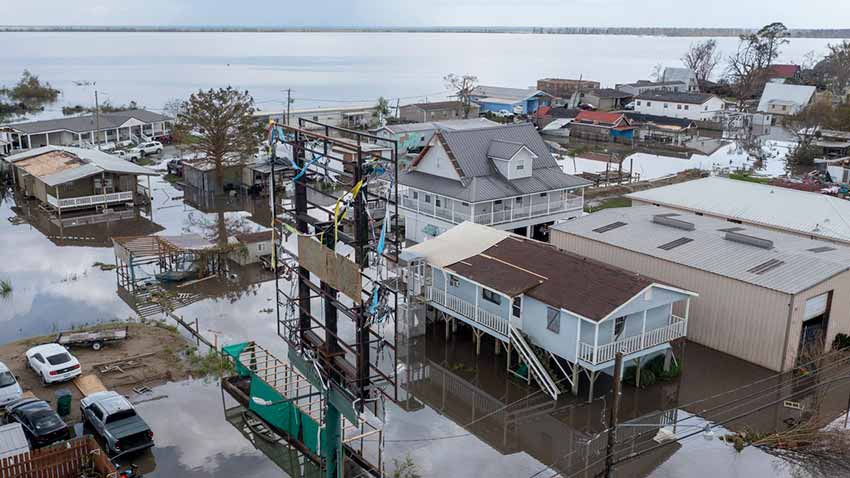Flood waters arround damaged homes in Lafourche Parish, La., as residents try to recover from Hurricane Ida